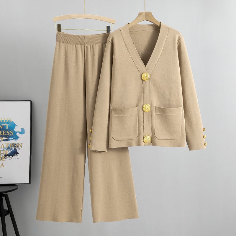 lusailstore - metal button wool sweater wide-leg pants suits