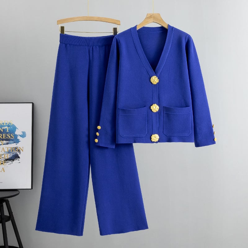 lusailstore - metal button wool sweater wide-leg pants suits