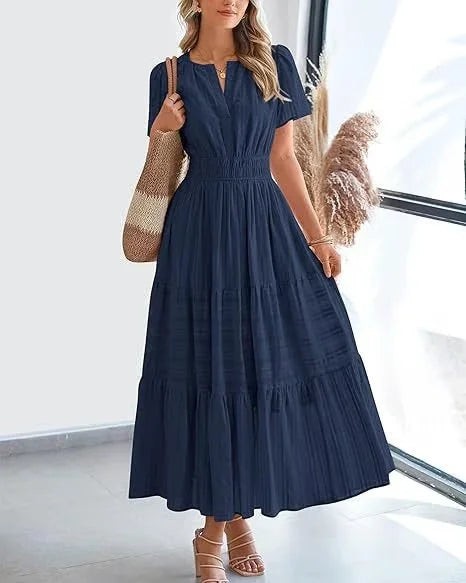 lusailstore - v-neck pleated puff sleeve dress black