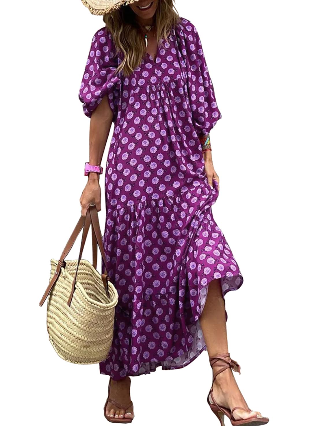 lusailstore - womens puff sleeve geometric bohemian maxi dresses