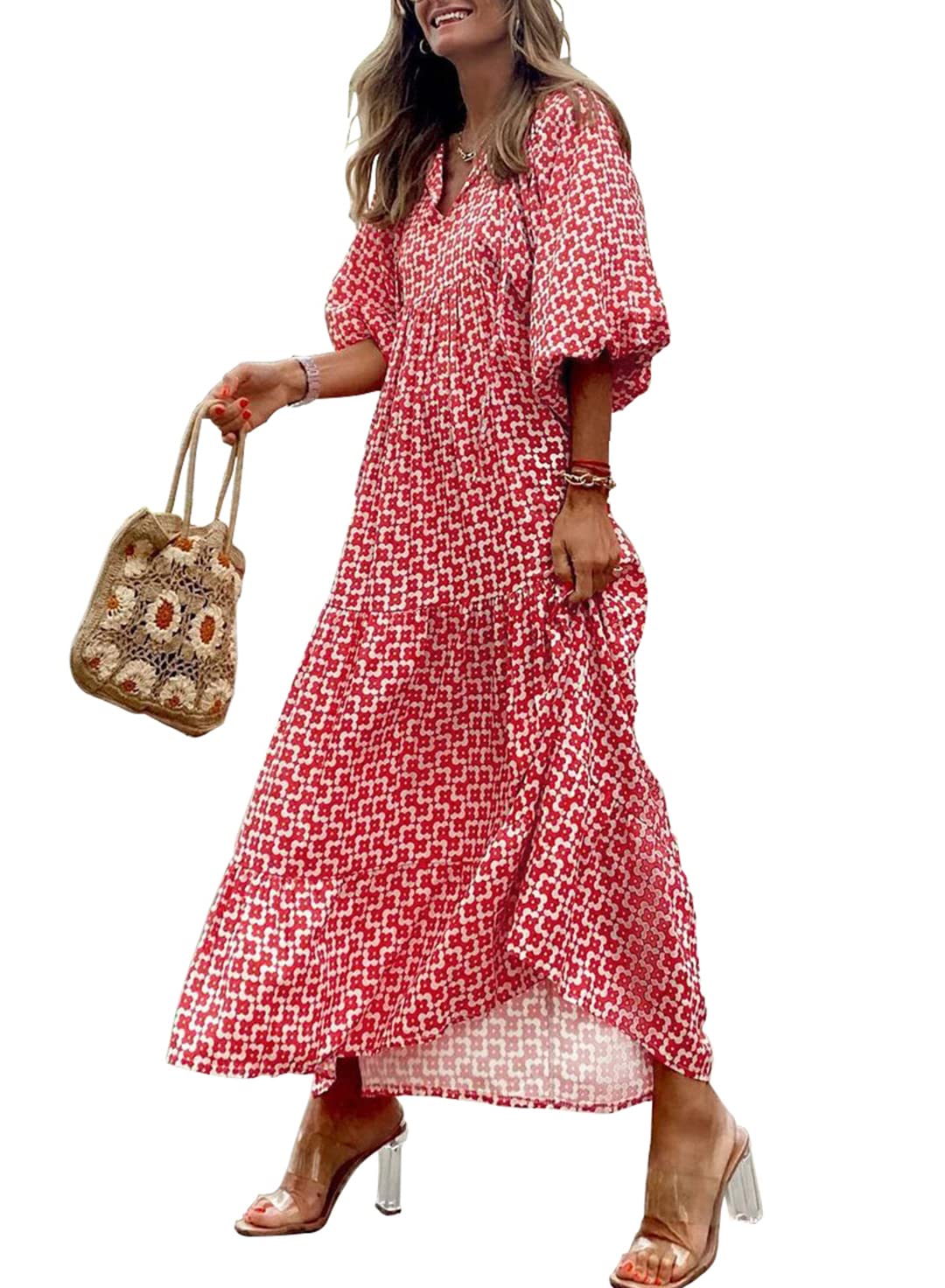 lusailstore - womens puff sleeve geometric bohemian maxi dresses