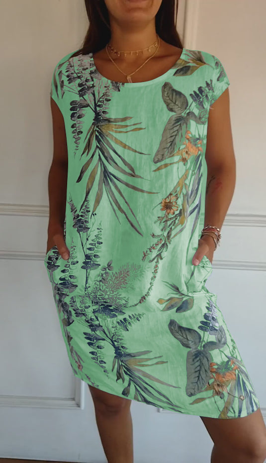lusailstore - Women's Cotton & Linen Round Neck Printed Dress