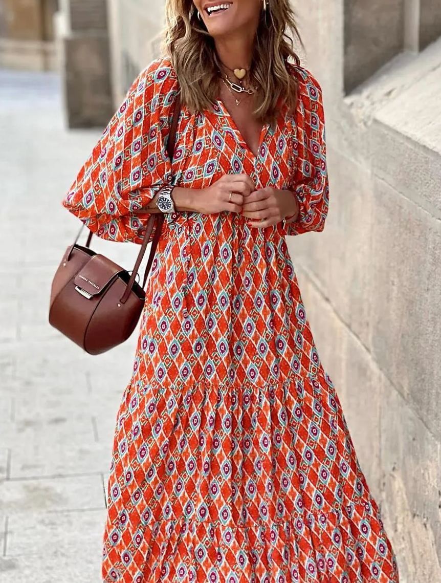 lusailstore - womens puff sleeve geometric bohemian maxi dresses