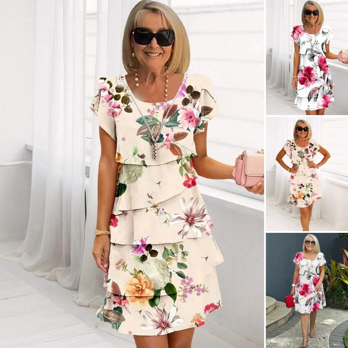 lusailstore - Multi-floral print layered dress