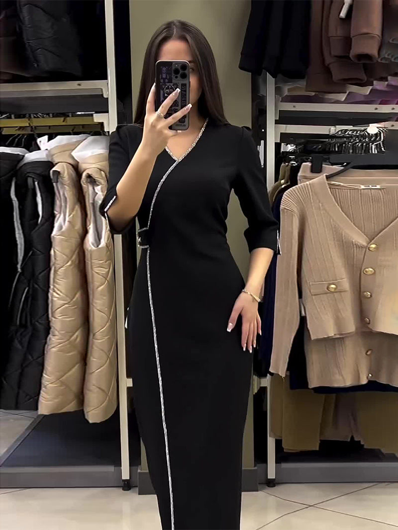 lusailstore - V-neck Slim Fit Temperament Dress