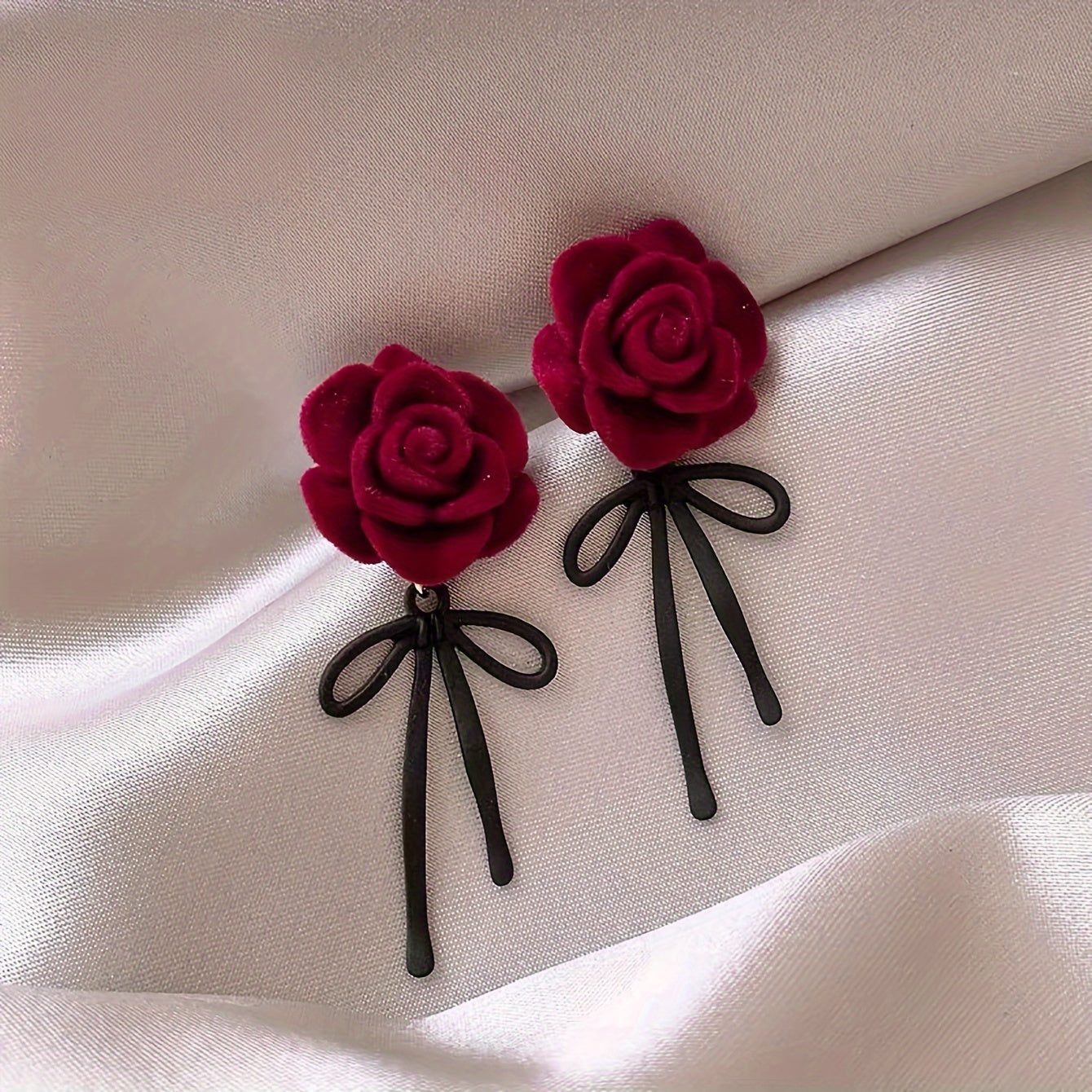 lusailstore - Red flocked rose black bow earrings