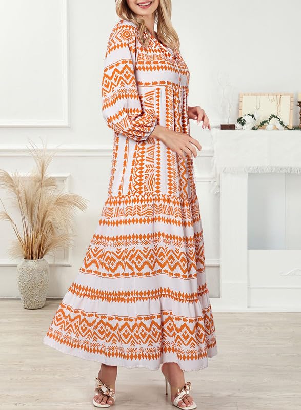 lusailstore - womens puff sleeve geometric bohemian maxi dresses