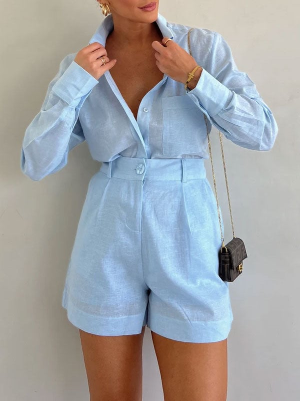 lusailstore -Women's Casual Linen Blouse and Shorts Set