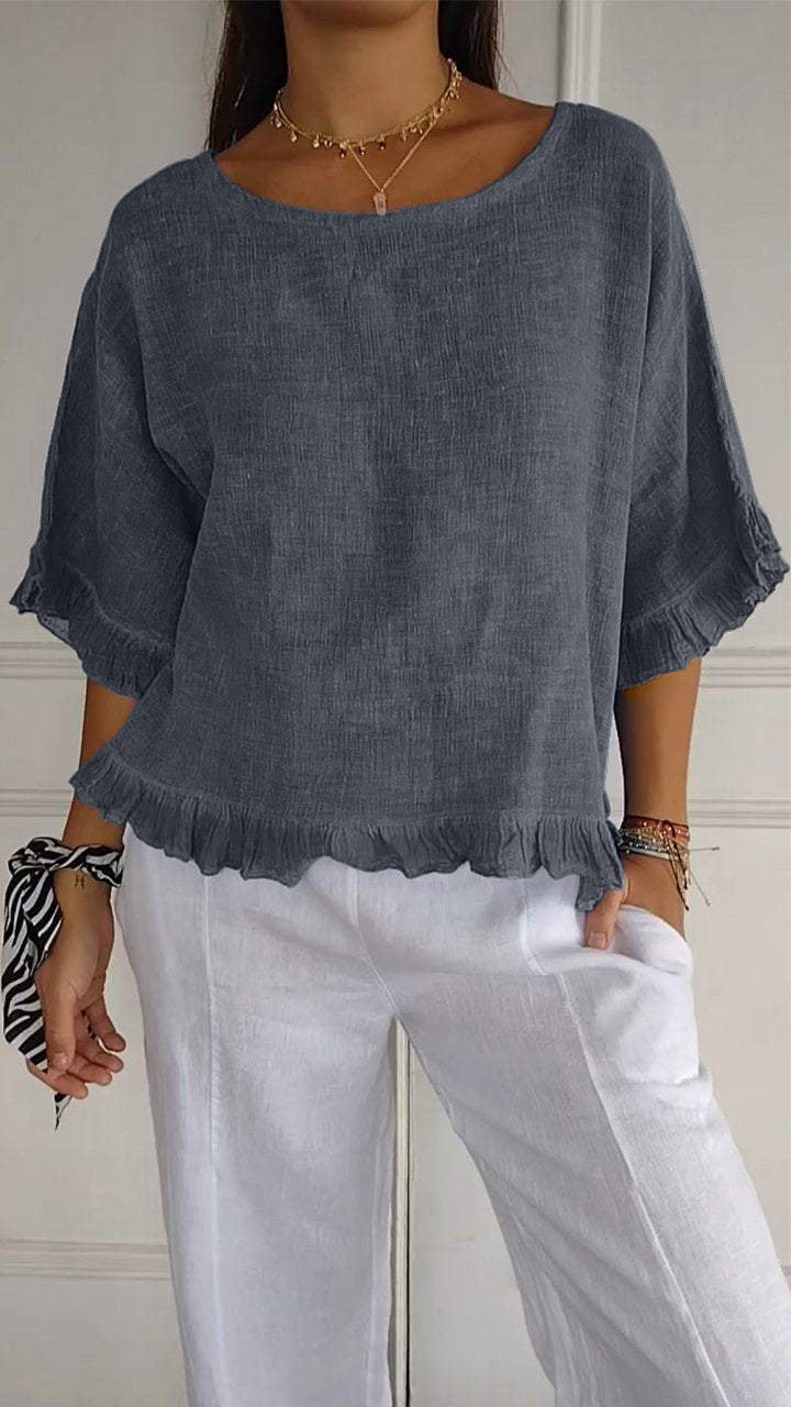 lusailstore - round neck ruffled hem mid sleeve cotton and linen top