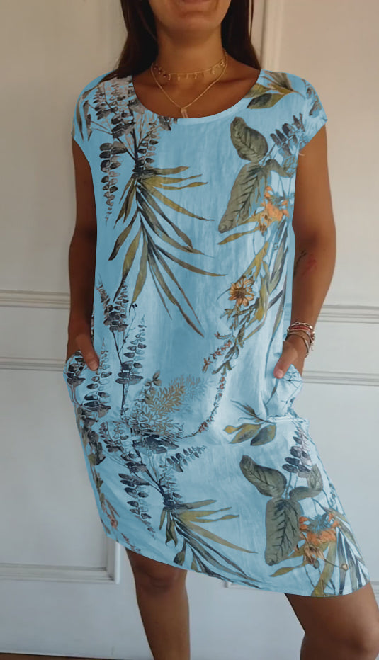 lusailstore - Women's Cotton & Linen Round Neck Printed Dress