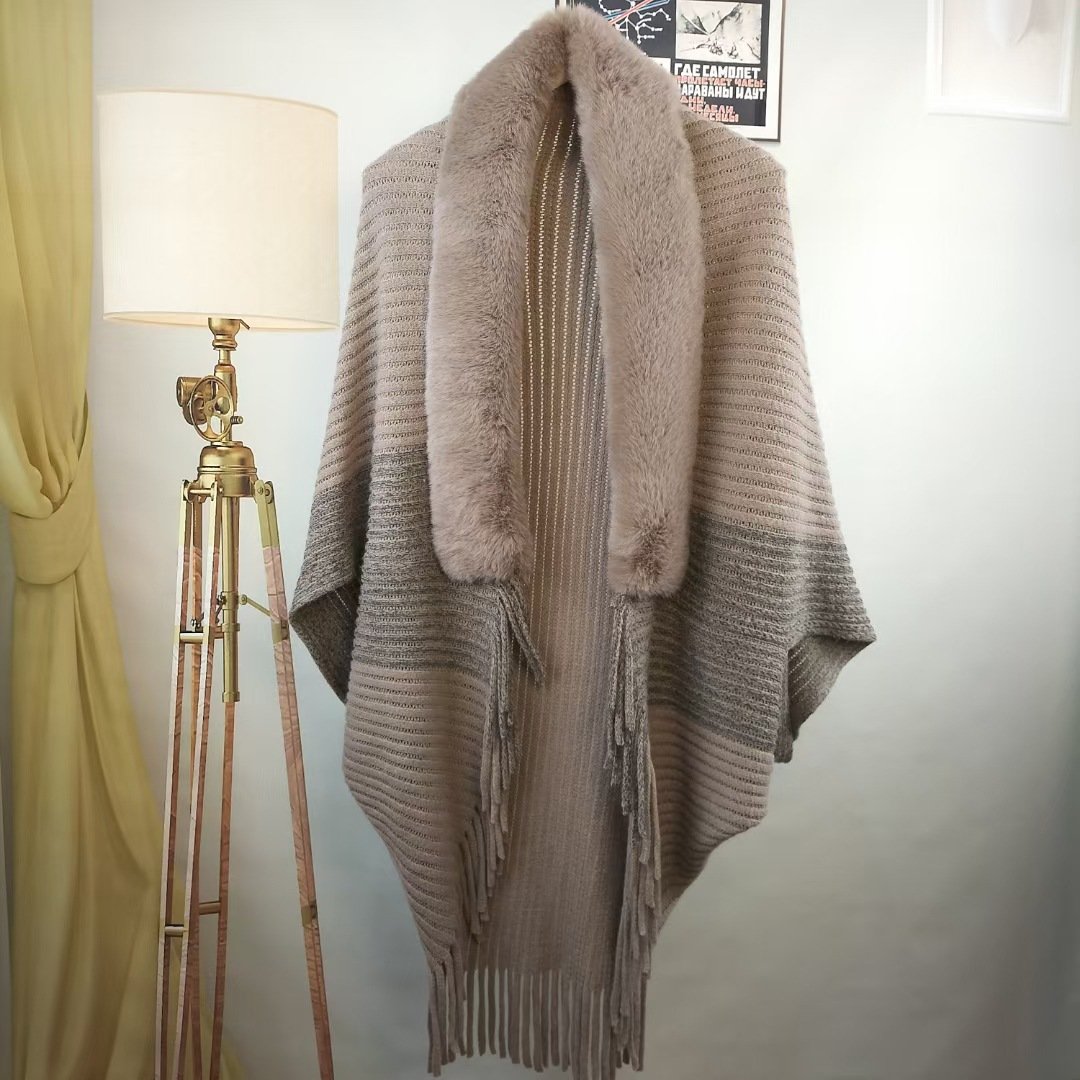 lusailstore - Winter knitted tassel fur collar shawl