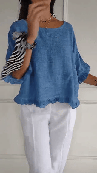 lusailstore - round neck ruffled hem mid sleeve cotton and linen top