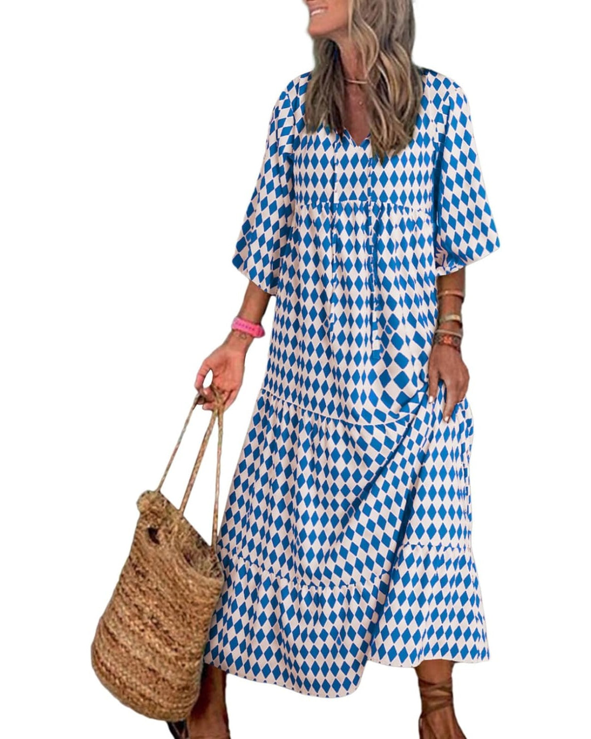 lusailstore - womens puff sleeve geometric bohemian maxi dresses