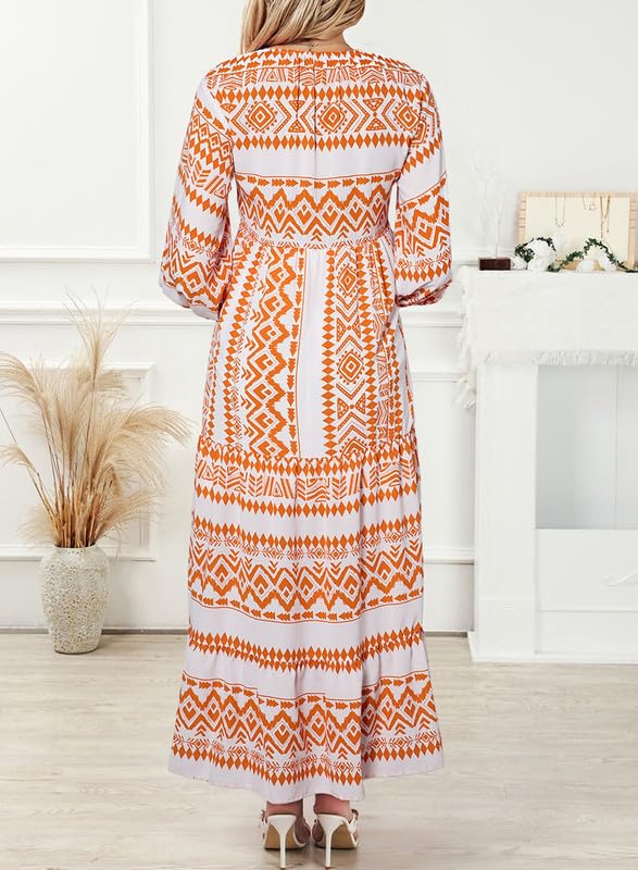 lusailstore - womens puff sleeve geometric bohemian maxi dresses