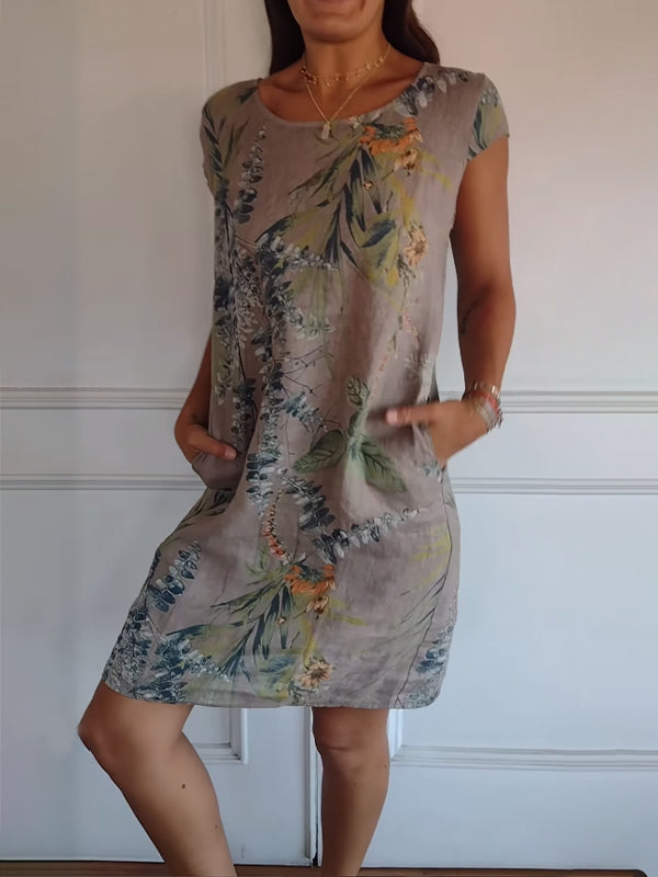 lusailstore - Women's Cotton & Linen Round Neck Printed Dress