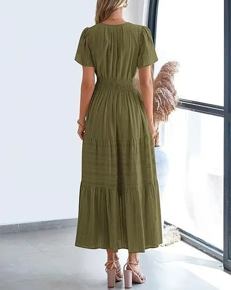 lusailstore - v-neck pleated puff sleeve dress black