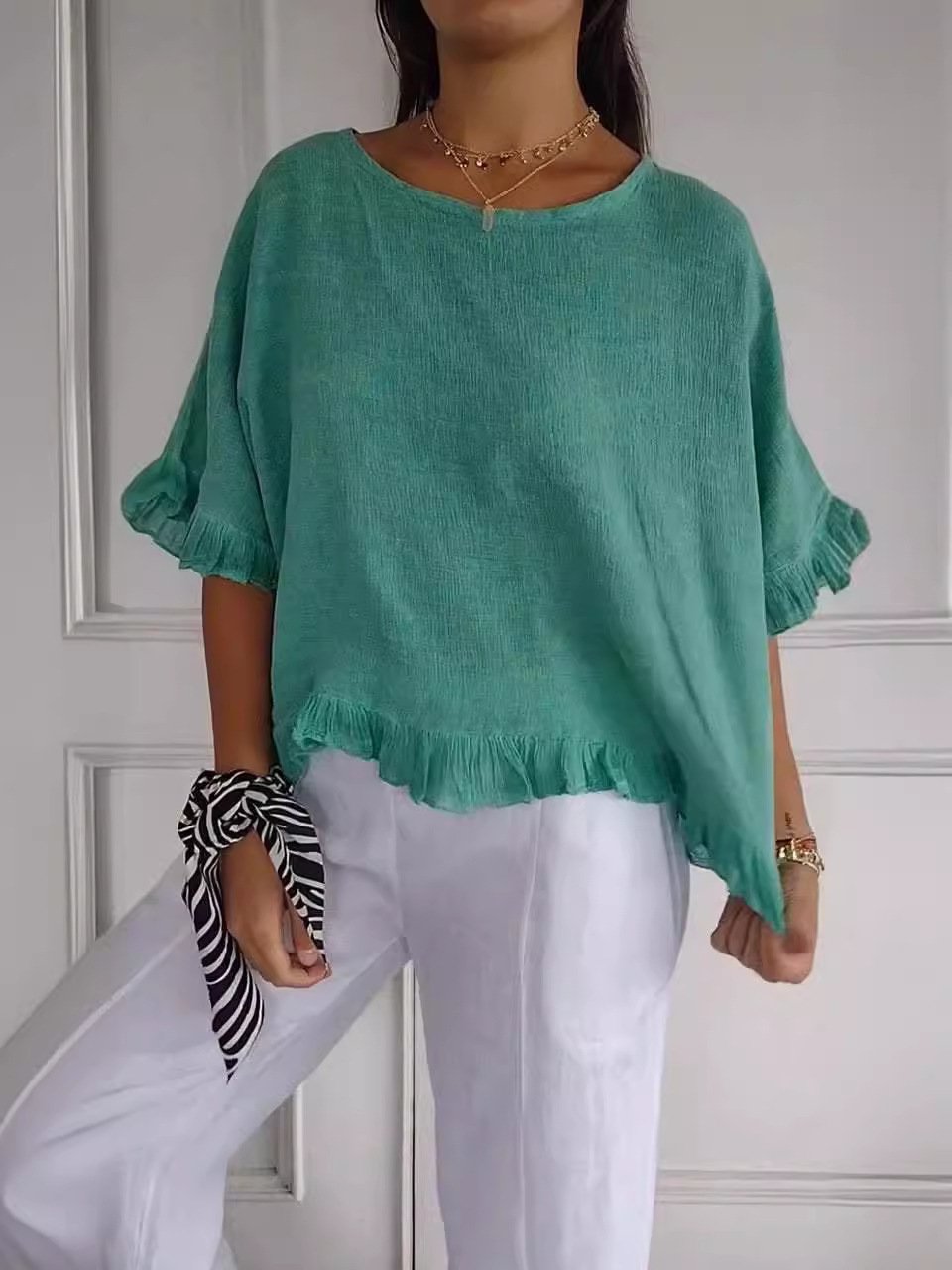 lusailstore - round neck ruffled hem mid sleeve cotton and linen top