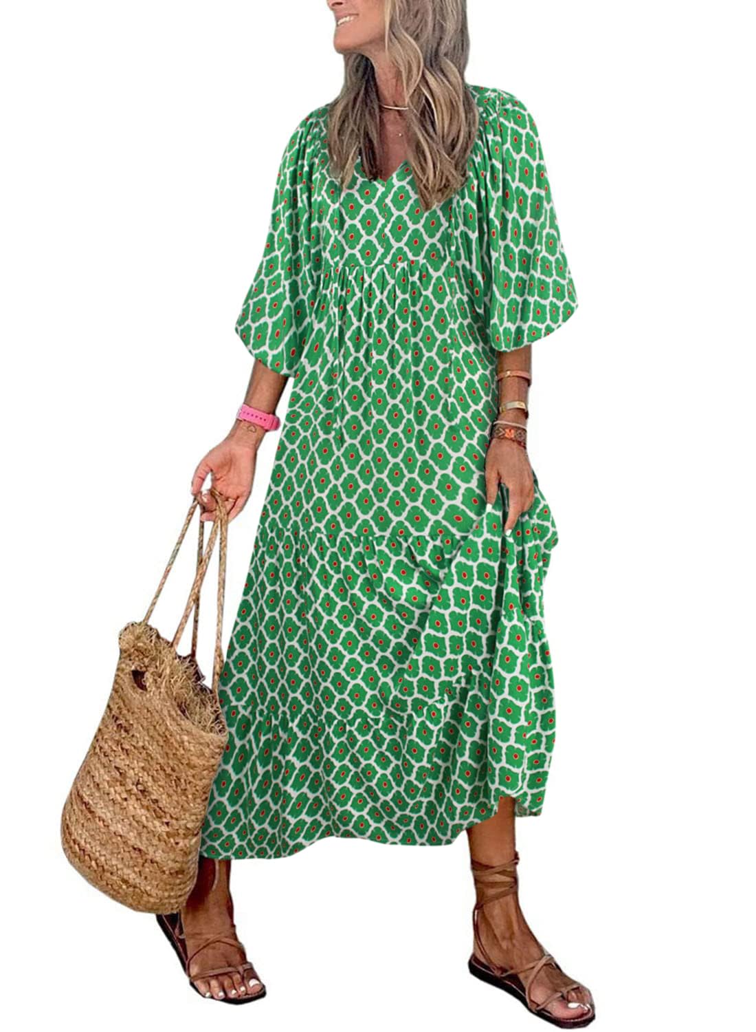 lusailstore - womens puff sleeve geometric bohemian maxi dresses