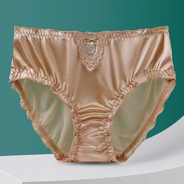 lusailstore - Women's Satin Ice Silk Seamless Lace Briefs