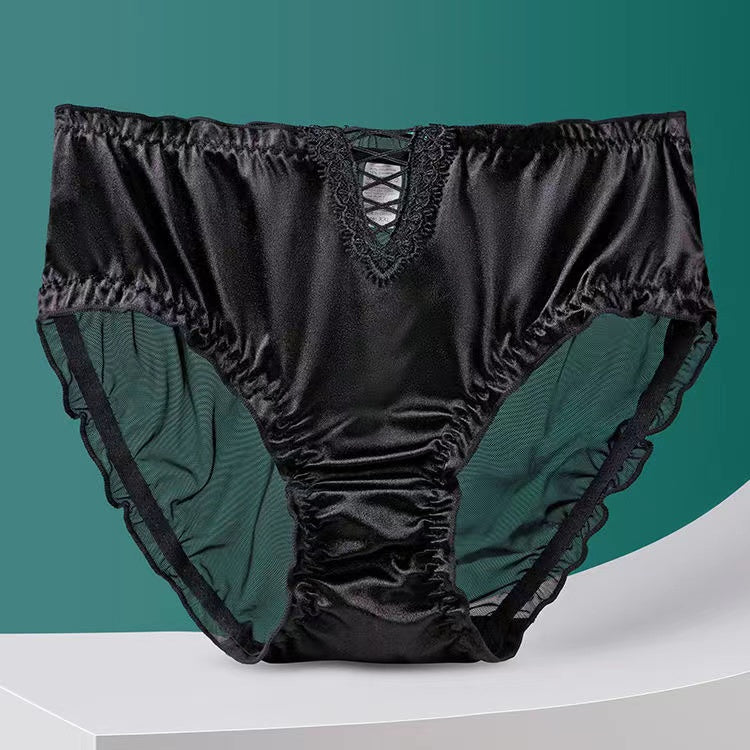 lusailstore - Women's Satin Ice Silk Seamless Lace Briefs