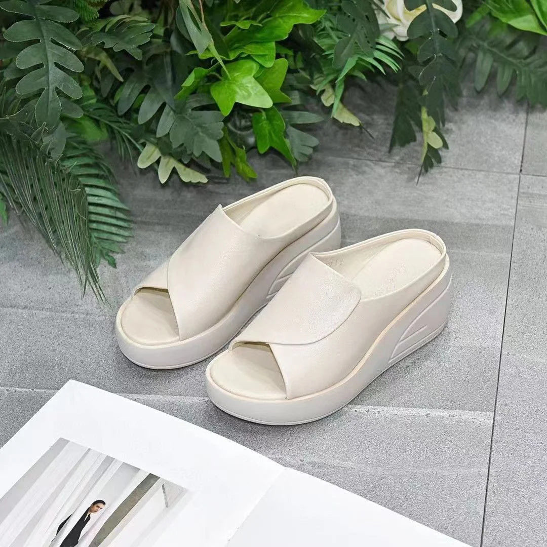 lusailstore-thick-soled leather wedge sandals