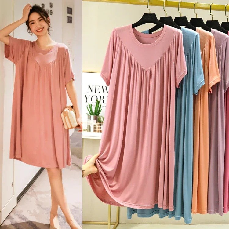 lusailstore - solid color super soft pleated pajamas dresses