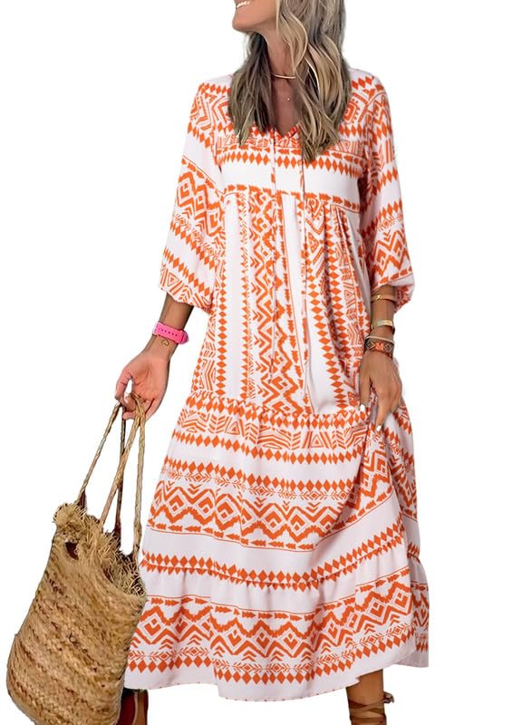 lusailstore - womens puff sleeve geometric bohemian maxi dresses