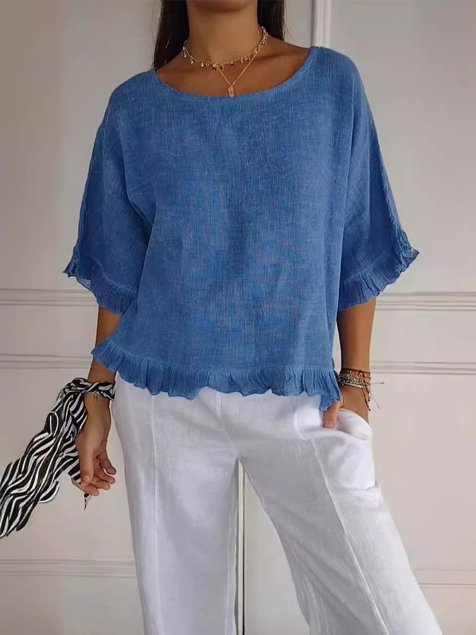 lusailstore - round neck ruffled hem mid sleeve cotton and linen top