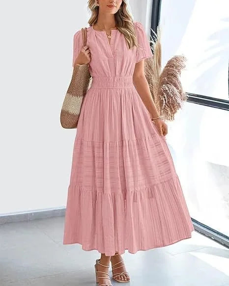 lusailstore - v-neck pleated puff sleeve dress black