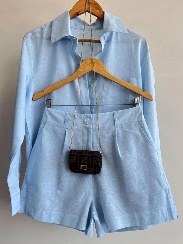 lusailstore -Women's Casual Linen Blouse and Shorts Set