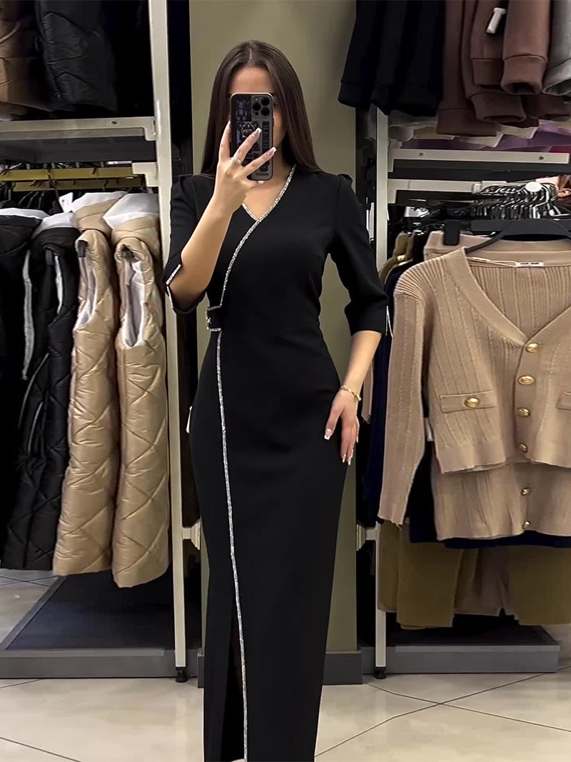 lusailstore - V-neck Slim Fit Temperament Dress