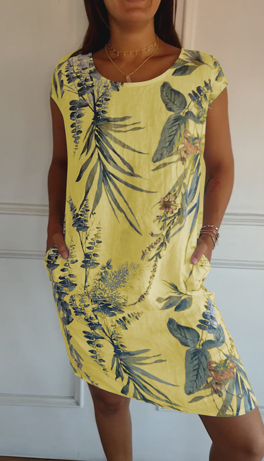 lusailstore - Women's Cotton & Linen Round Neck Printed Dress