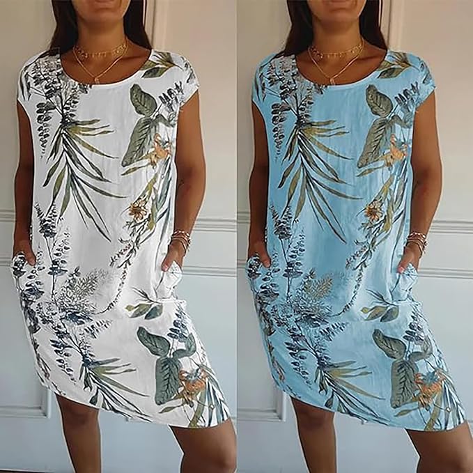 lusailstore - Women's Cotton & Linen Round Neck Printed Dress