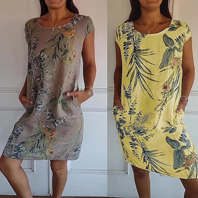 lusailstore - Women's Cotton & Linen Round Neck Printed Dress