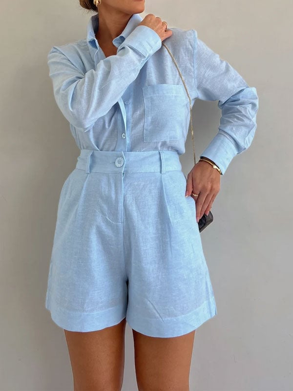 lusailstore -Women's Casual Linen Blouse and Shorts Set