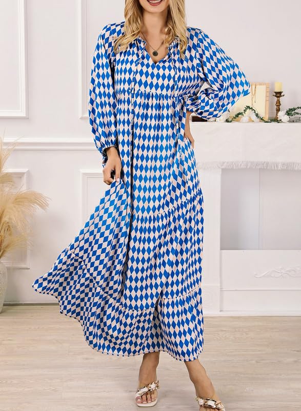 lusailstore - womens puff sleeve geometric bohemian maxi dresses