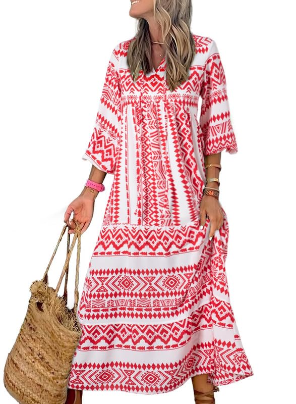 lusailstore - womens puff sleeve geometric bohemian maxi dresses