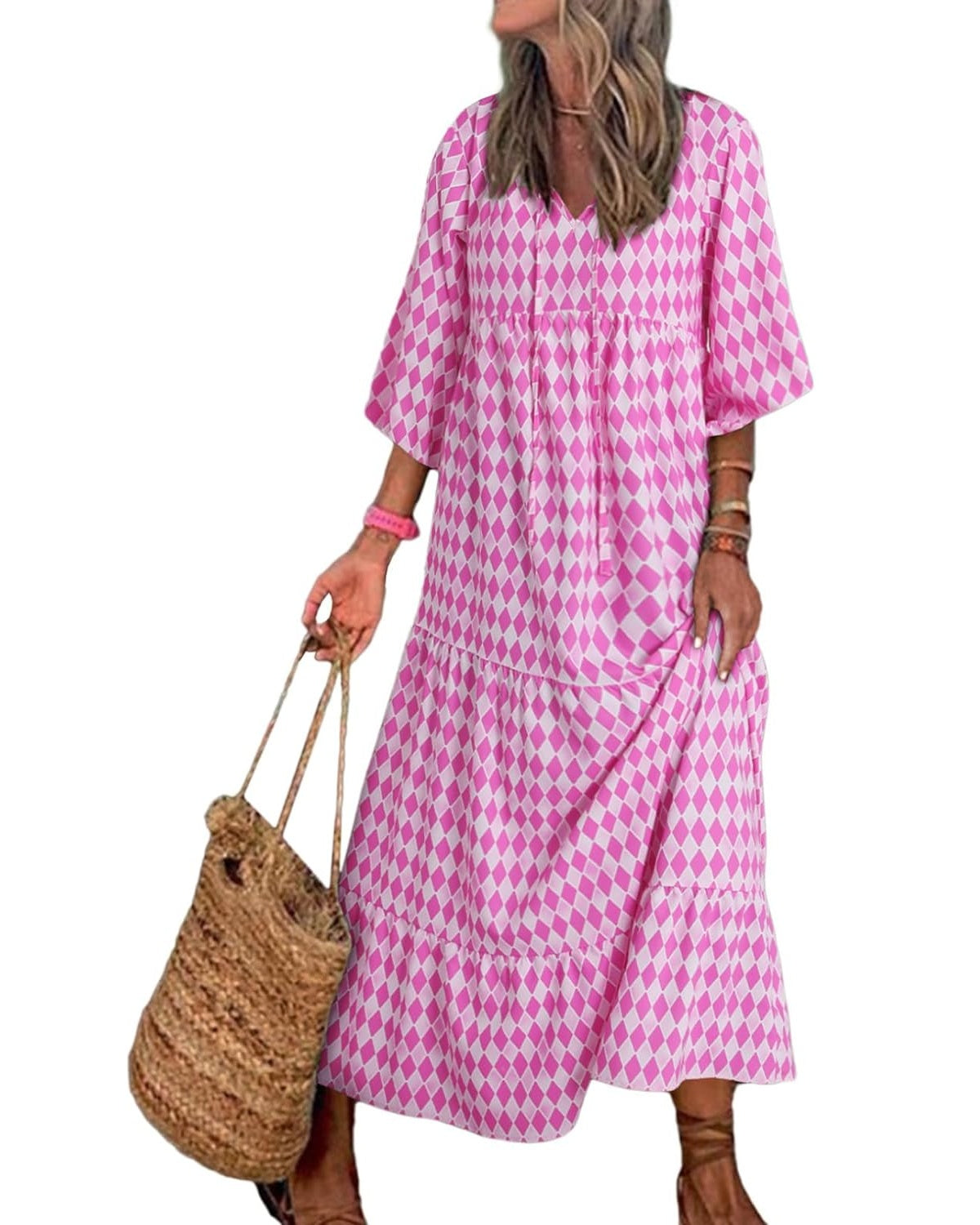 lusailstore - womens puff sleeve geometric bohemian maxi dresses