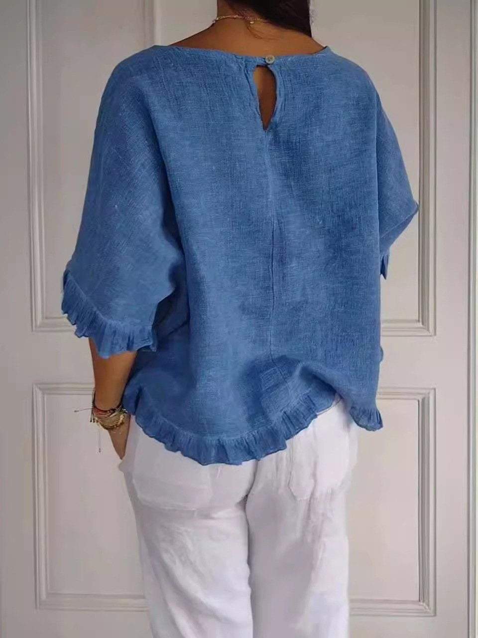 lusailstore - round neck ruffled hem mid sleeve cotton and linen top