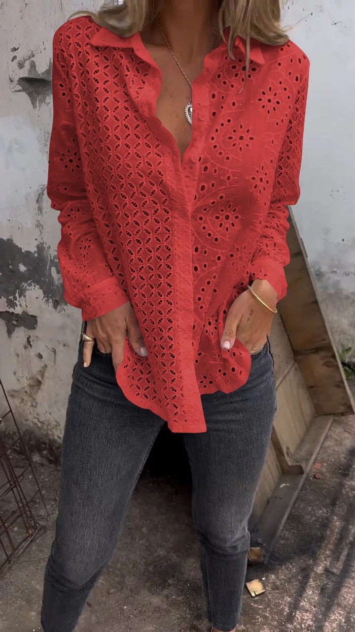 lusailstore - Women's Hollow Out Print Shirt