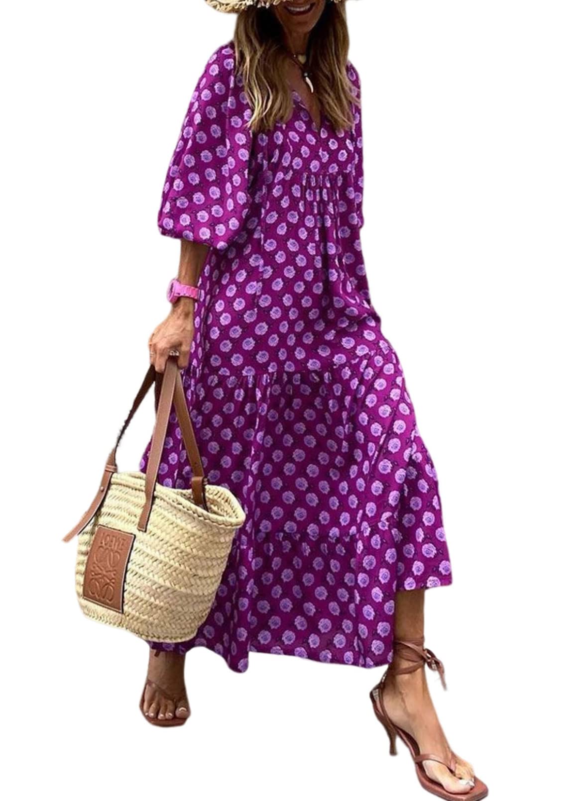 lusailstore - womens puff sleeve geometric bohemian maxi dresses