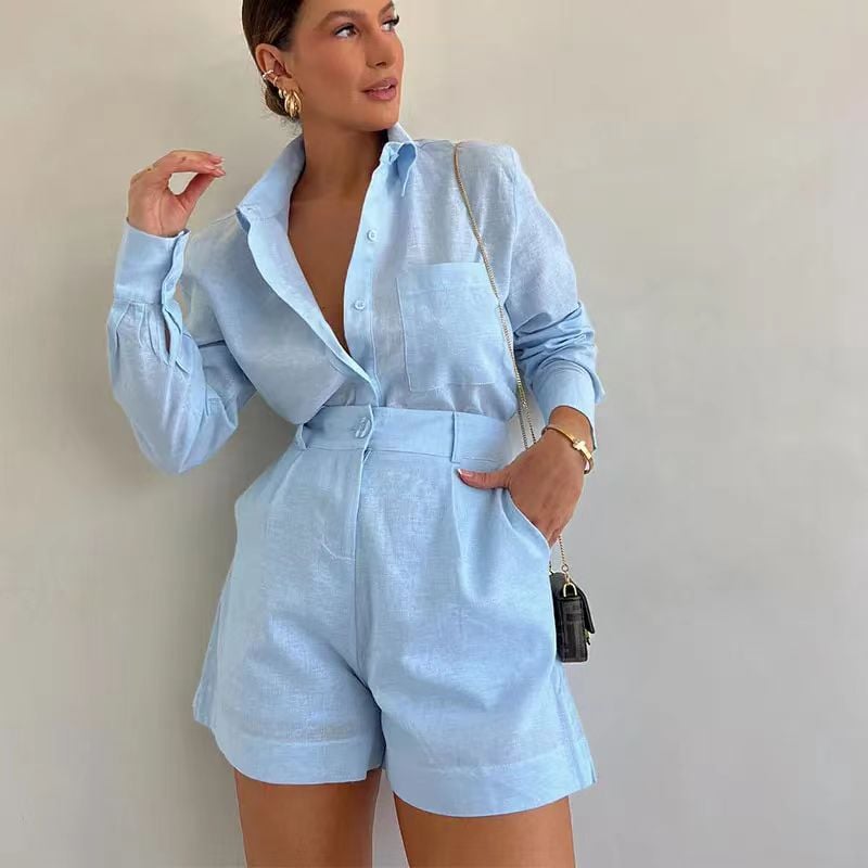 lusailstore -Women's Casual Linen Blouse and Shorts Set