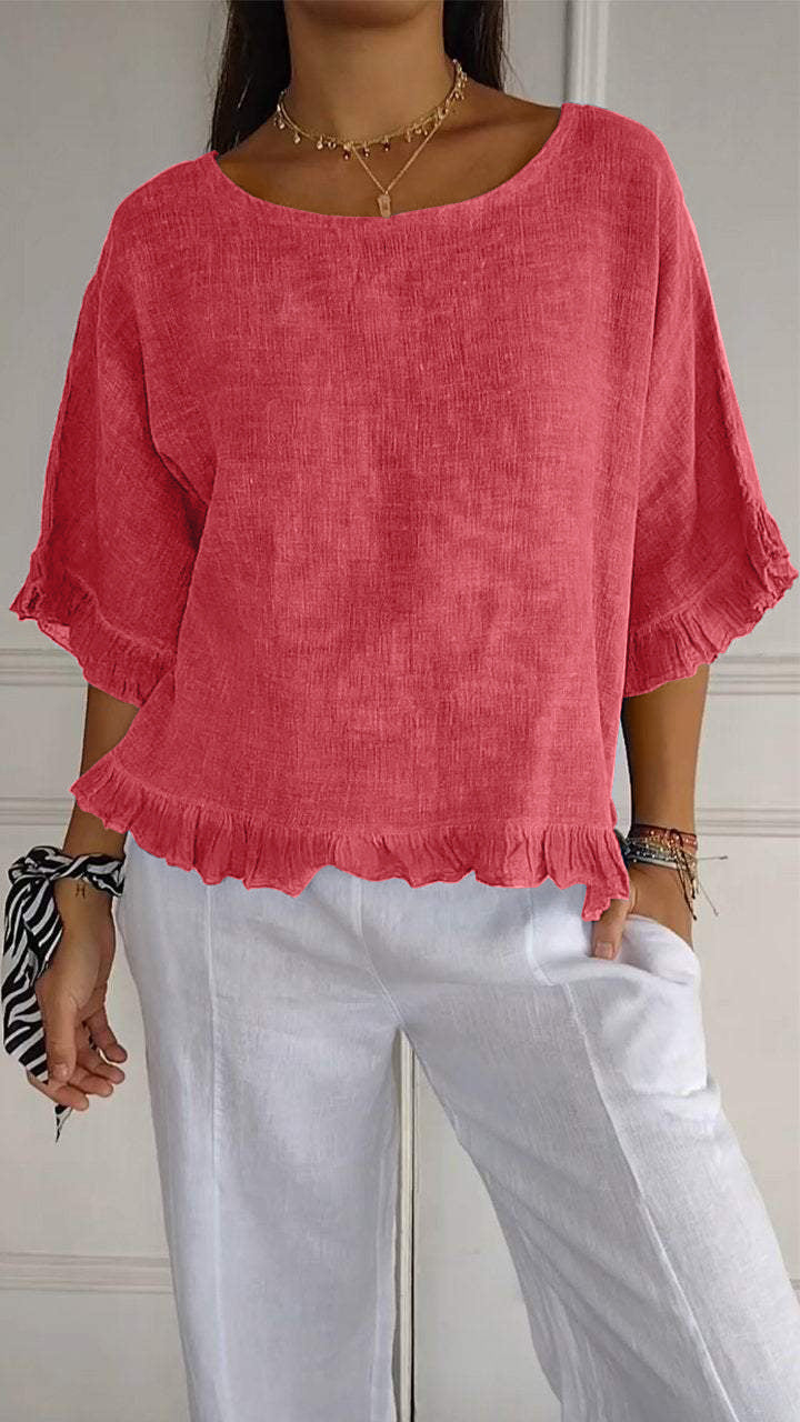 lusailstore - round neck ruffled hem mid sleeve cotton and linen top
