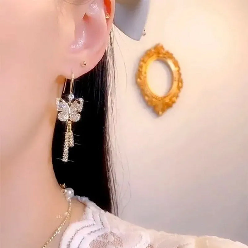 lusailstore-Crystal Butterfly Tassel Earrings