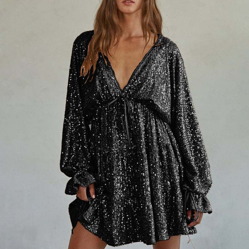 lusailstore - Elegant Sequin V Neck Mini Dress