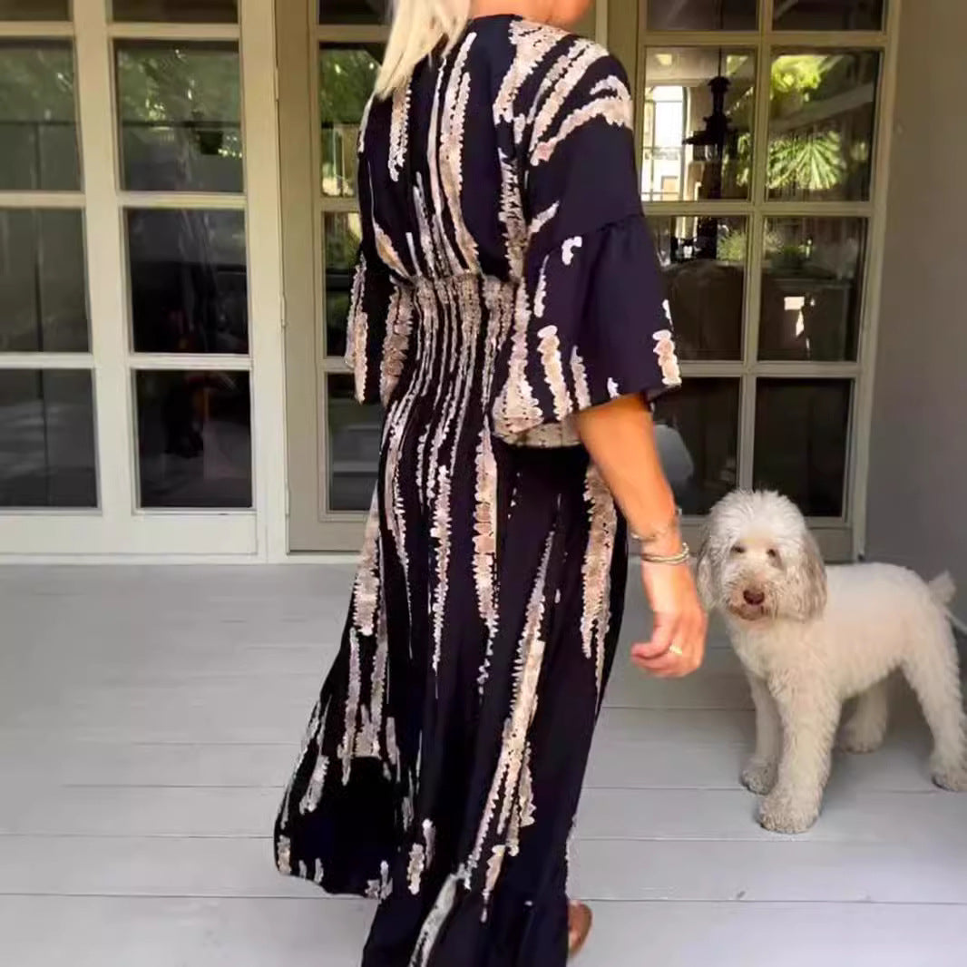 lusailstore - V-neck tie-dye print dress