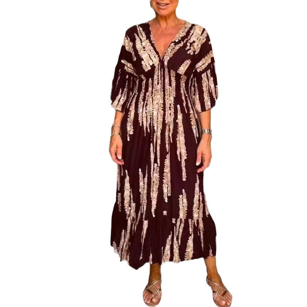lusailstore - V-neck tie-dye print dress
