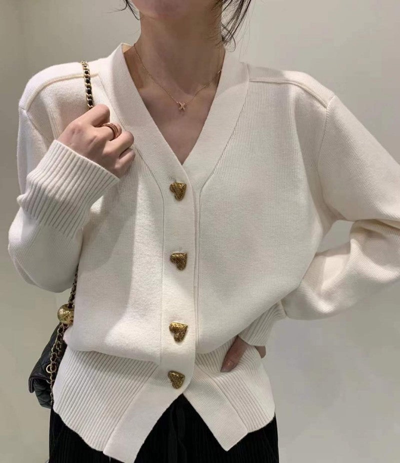 lusailstore - V-Neck Casual Solid Heart-Shaped Buttoned Sweater Jacket