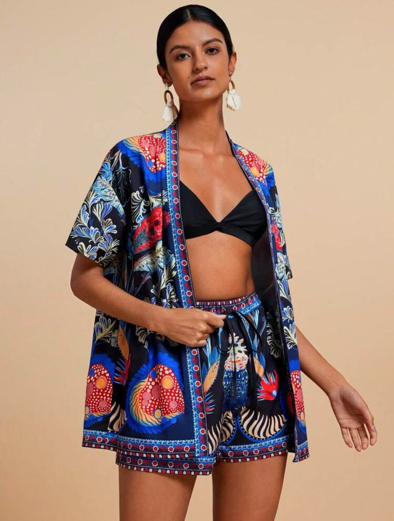 lusailstore - summer new fashion casual printed cardigan shorts sets