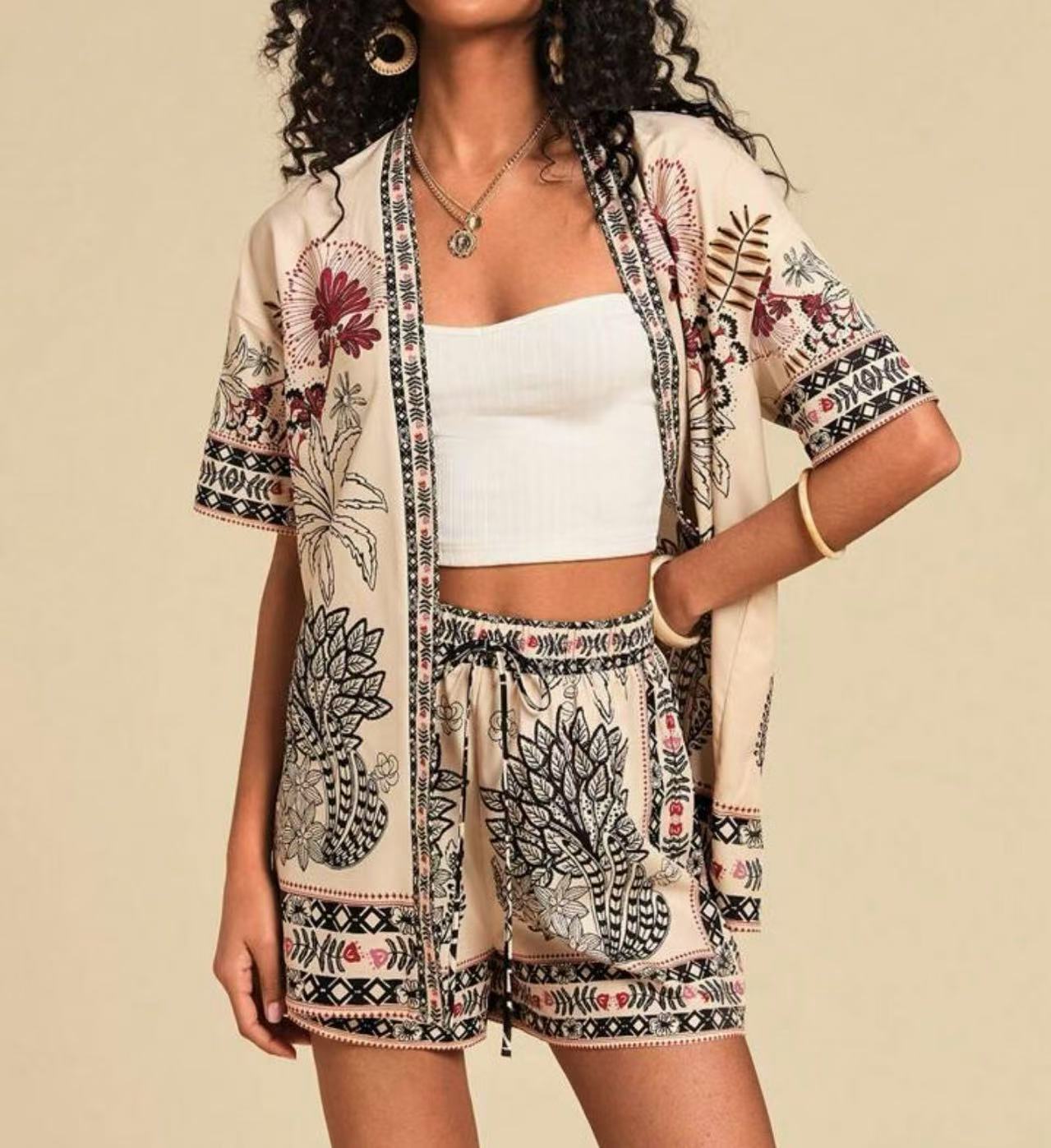lusailstore - summer new fashion casual printed cardigan shorts sets